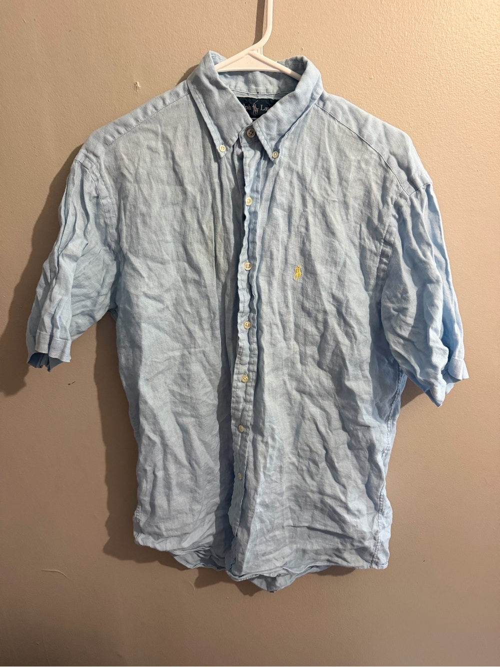 Vintage Polo Ralph Lauren Mens Blue 100% Linen Short Sleeve Button Shirt Small